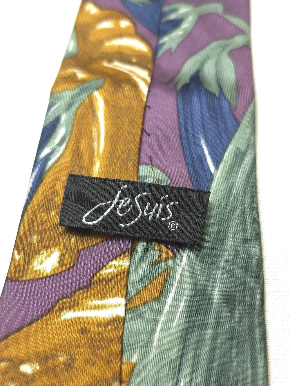 Vintage Je Suis Eggplant Pumpkin Print Silk Tie Purple Blue Gold
